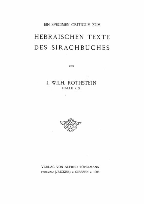 Cover image for book Ein Specimen Criticum zum Hebräischen Texte des Sirachbuches