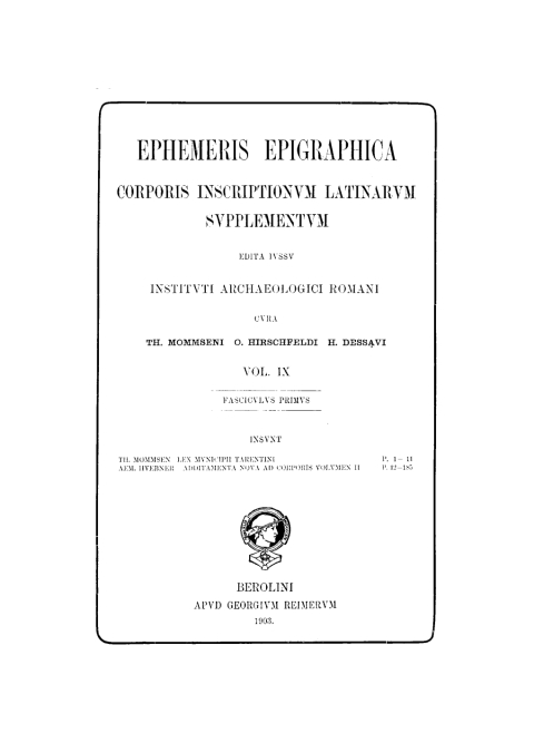 Cover image for book Ephemeris Epigraphica. Volume 9