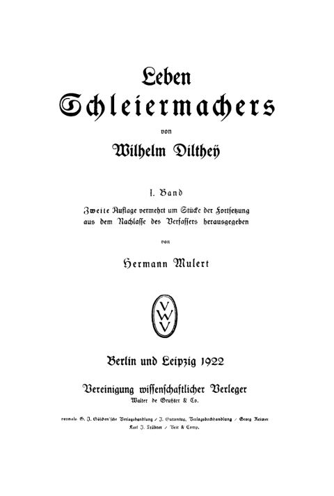 Cover image for book Wilhelm Dilthey: Leben Schleiermachers. Band 1