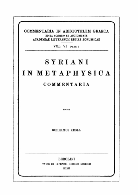 Cover image for book Syriani in metaphysica commentaria