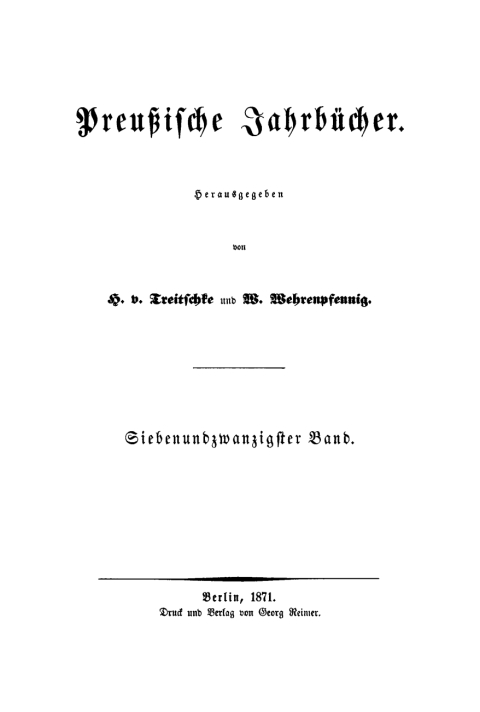 Cover image for book H. von Treitschke; H. Delbrück: Preußische Jahrbücher. Band 27