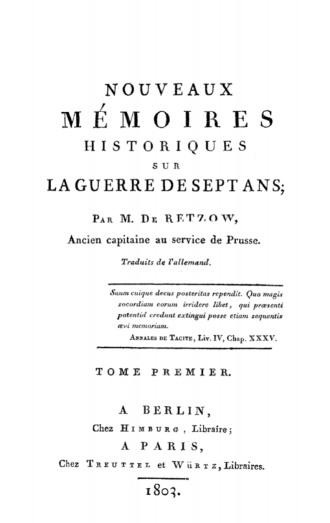 Cover image for book M. de Retzow: Nouveaux mémoires historiques sur la Guerre de Sept Ans. Tome 1
