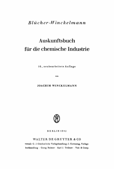 Cover image for book Blücher-Winckelmann Auskunftsbuch für die chemische Industrie