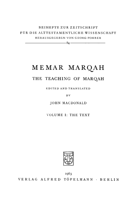 Cover image for book Memar Marqah. The Teaching of Marqah
