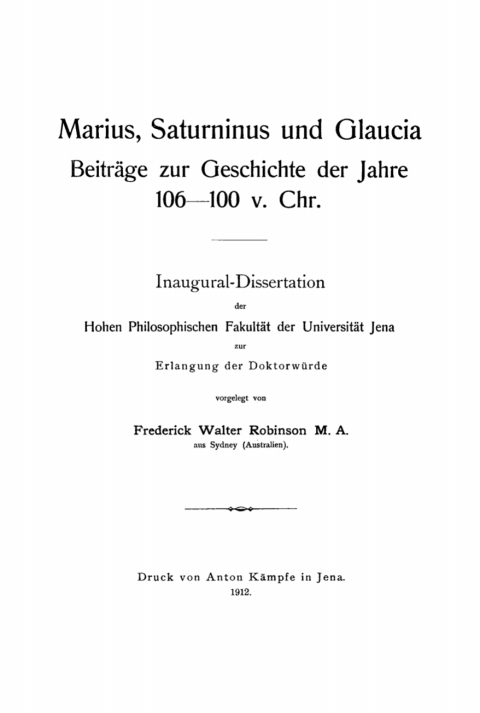 Cover image for book Marius, Saturninus und Glaucia. Beiträge zur Geschichte der Jahre 106–100 v. Chr.