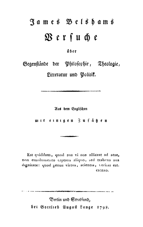 Cover image for book James Belshams Versuche über Gegenstände der Philosophie, Theologie, Litteratur und Politik