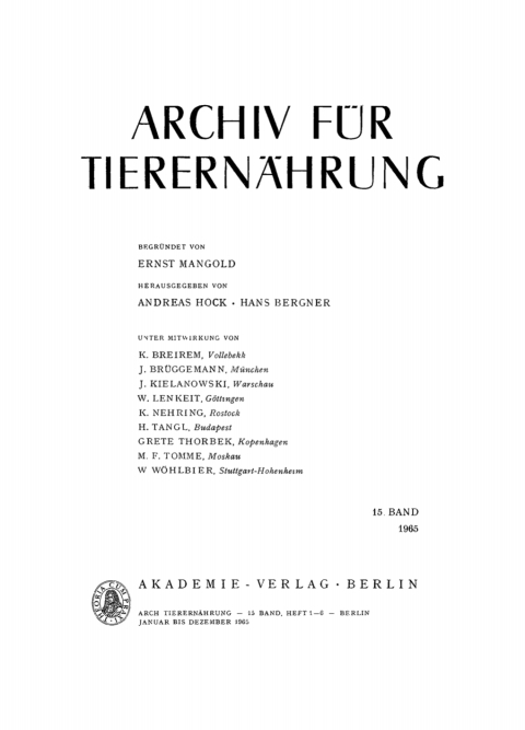 Cover image for book Archiv für Tierernährung. Band 15, Heft 1–6