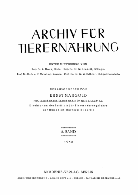Cover image for book Archiv für Tierernährung. Band 8, Heft 1–6