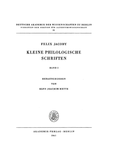 Cover image for book Kleine Philologische Schriften, I