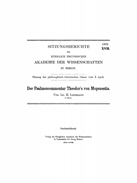 Cover image for book Der Psalmencommentar Theodor’s von Mopsuestia