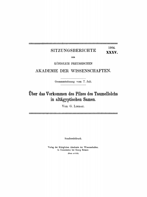 Cover image for book Über das Vorkommen des Pilzes des Taumellolchs in altägyptischen Samen