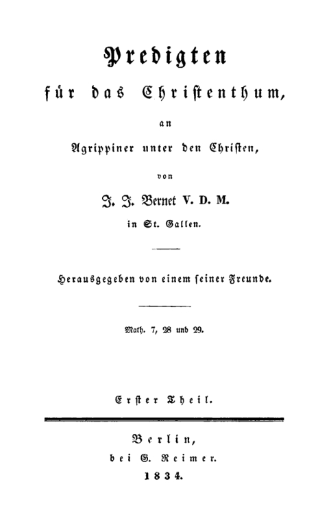 Cover image for book J. J. Bernet: Predigten für das Christenthum, an Agrippiner unter den Christen. Teil 1