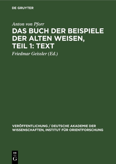 Cover image for book Das Buch der Beispiele der alten Weisen, Teil 1: Text