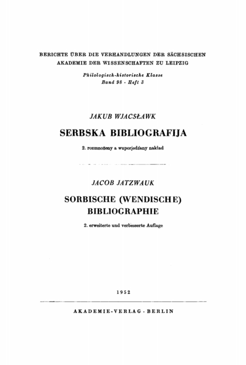 Cover image for book Sorbische (Wendische) Bibliographie
