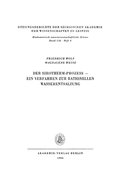 Cover image for book Der Sirotherm-Prozess – Ein Verfahren zur rationellen Wasserentsalzung