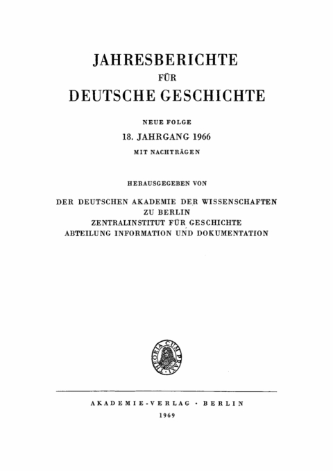 Cover image for book Jahresberichte für deutsche Geschichte. Neue Folge. Band 18, Jahrgang 1966