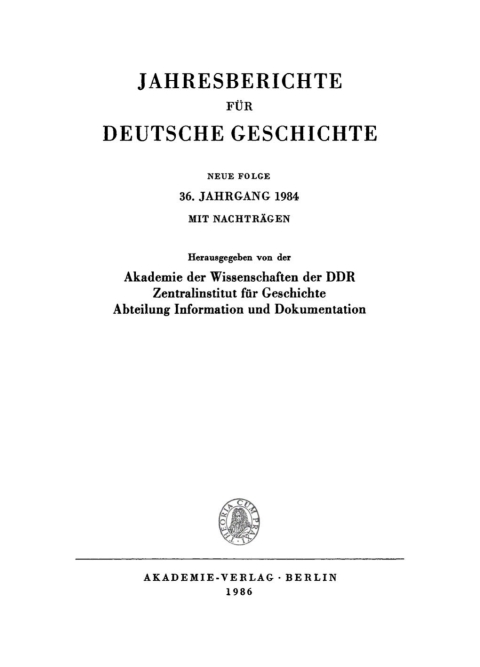 Cover image for book Jahresberichte für deutsche Geschichte. Neue Folge. Band 36, Jahrgang 1984