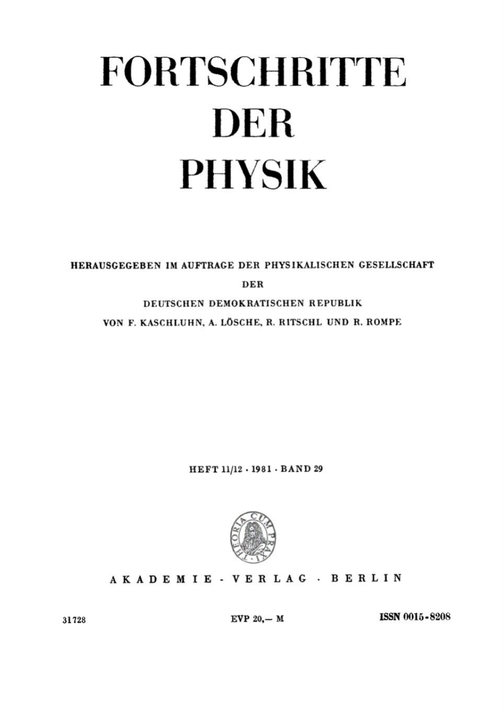 Page Fidelity Fortschritte der Physik / Progress of Physics. Band 29, Heft 11/12; $148.73