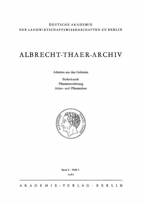 Cover image for book Albrecht-Thaer-Archiv. Band 6, Heft 8