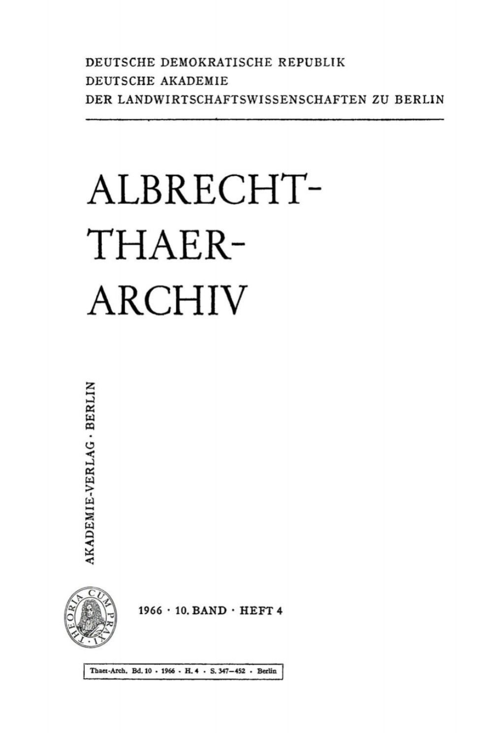 Page Fidelity Albrecht-Thaer-Archiv. Band 10, Heft 4; $148.73