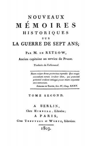 M. de Retzow: Nouveaux mémoires historiques sur la Guerre de Sept Ans. Tome 2