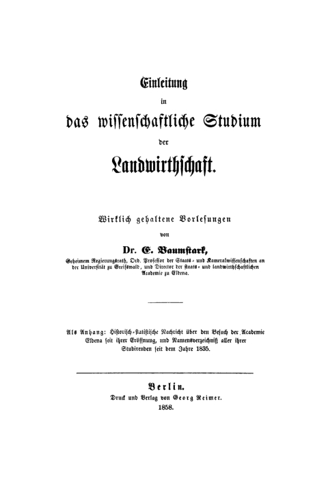 Cover image for book Einleitung in das wissenschaftliche Studium der Landwirtschaft