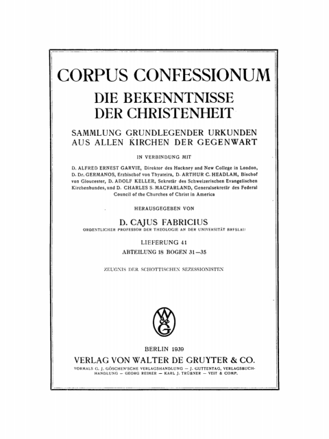 Cover image for book Abt. 18. Presbyterianismus, Bogen 31–35: Zeugnis der Schottischen Sezessionisten