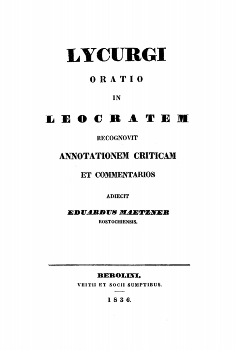 Cover image for book Lycurgi Oratio in Leocratem, recognovit, annotationem criticam et commentarios