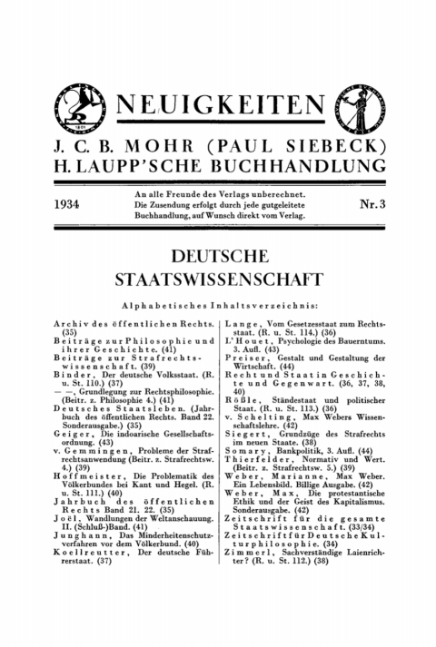 J. C. B. Mohr (Paul Siebeck): Neuigkeiten. 3/1934 