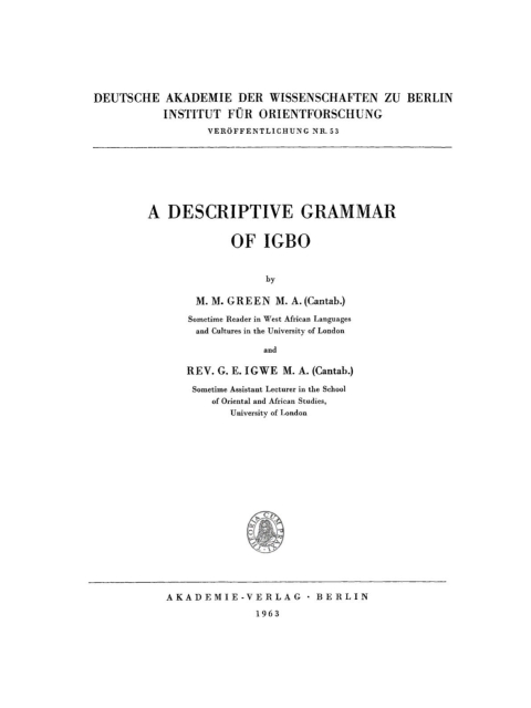 Cover image for book A Descriptive Grammar of Igbo