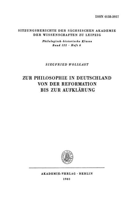 Cover image for book Zur Philosophie in Deutschland von der Reformation bis zur Aufklärung