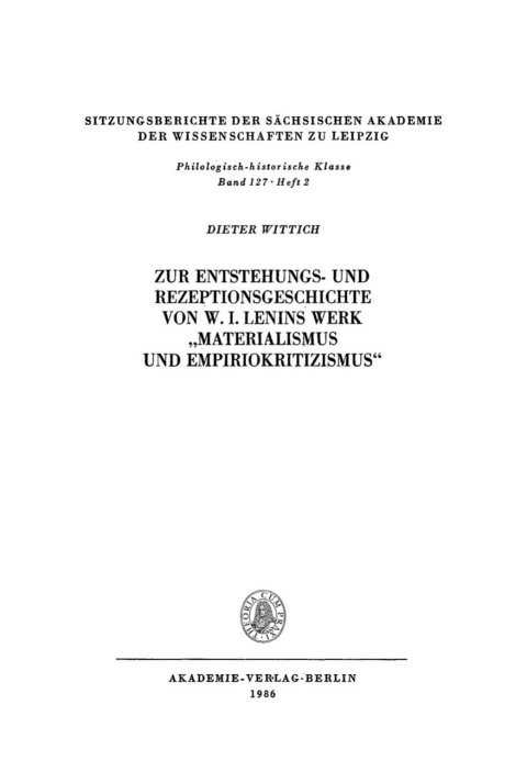 Cover image for book Zur Entstehungs- und Rezeptionsgeschichte von W. I. Lenins Werk „Materialismus und Empiriokritizismus“