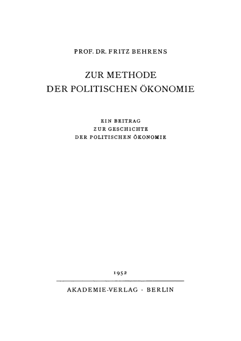 Cover image for book Zur Methode der politischen Ökonomie