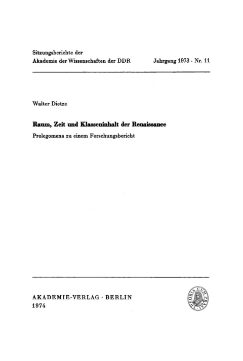 Cover image for book Raum, Zeit und Klasseninhalt der Renaissance