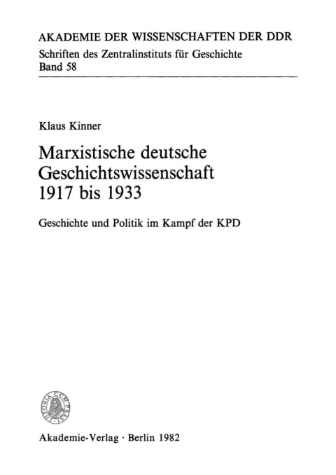 Cover image for book Marxistische deutsche Geschichtswissenschaft 1917 bis 1933