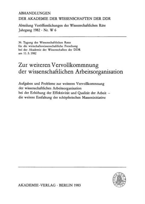 Cover image for book Zur weiteren Vervollkommnung der wissenschaftlichen Arbeitsorganisation
