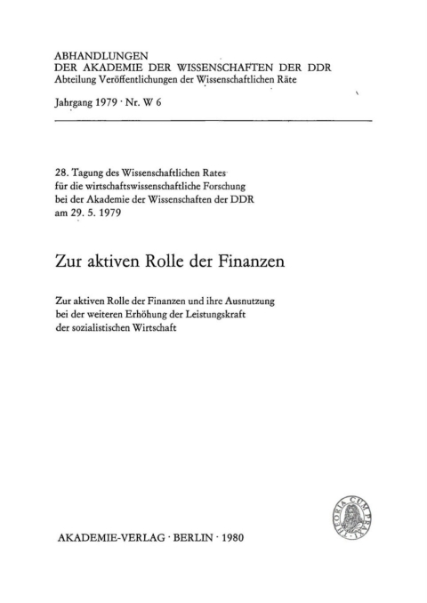 Cover image for book Zur aktiven Rolle der Finanzen
