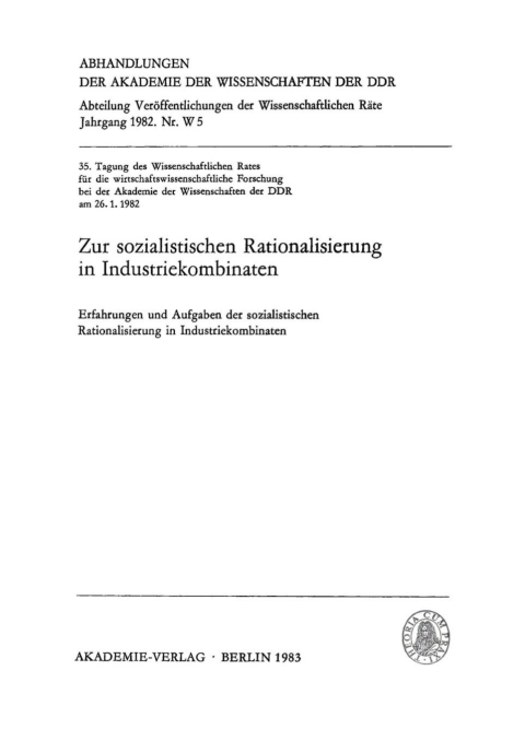 Cover image for book Zur sozialistischen Rationalisierung in Industriekombinaten