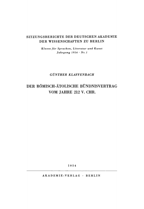 Cover image for book Der römisch-ätolische Bündnisvertrag vom Jahre 212 V. Chr.
