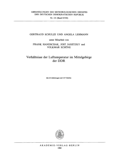 Cover image for book Verhältnisse der Lufttemperatur im Mittelgebirge der DDR