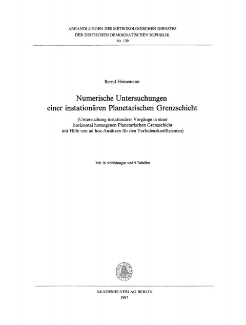 Cover image for book Numerische Untersuchungen einer instationären planetarischen Grenzschicht