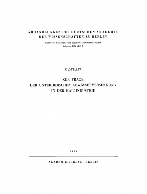 Cover image for book Zur Frage der unterirdischen Abwässerversenkung in der Kali-Industrie