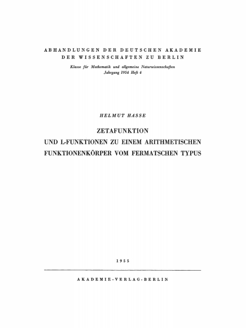 Cover image for book Zetafunktion und L-Funktionen zu einem arithmetischen Funktionenkörper vom Fermatschen Typus