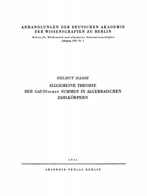 Cover image for book Allgemeine Theorie der Gaussschen Summen in algebraischen Zahlkörpern