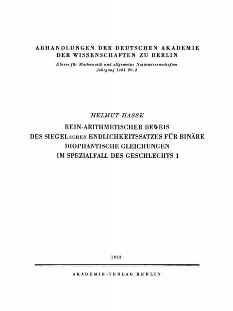 Cover image for book Rein-arithmetischer Beweis des Siegelschen Endlichkeitssatzes für binäre diophantische Gleichungen im Spezialfall des Geschlechts 1
