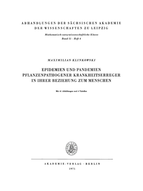 Cover image for book Epidemien und Pandemien pflanzenpathogener Krankheitserreger in ihrer Beziehung zum Menschen