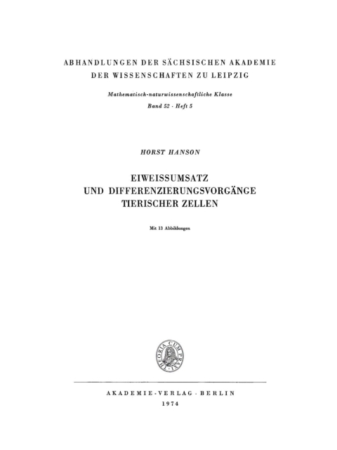 Cover image for book Eiweissumsatz und Differenzierungsvorgänge tierischer Zellen