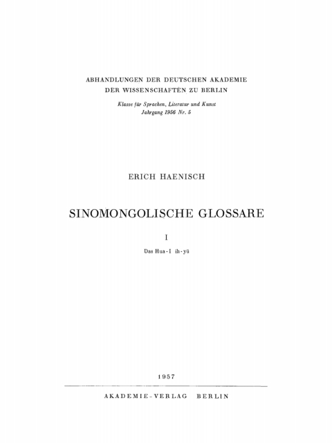 Cover image for book Sinomongolische Glossare I: Das Hua-I ih-yū