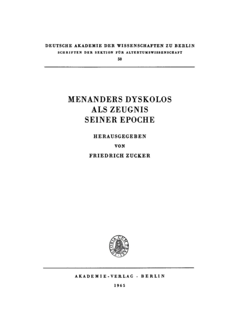 Cover image for book Menanders Dyskolos als Zeugnis seiner Epoche
