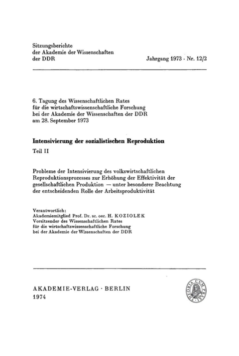 Cover image for book Intensivierung der sozialistischen Reproduktion, Teil II